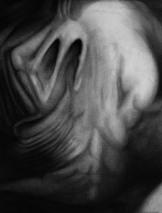 LEBENDES GELD 5, 2024; Kohle/Papier, 63 x 48 cm